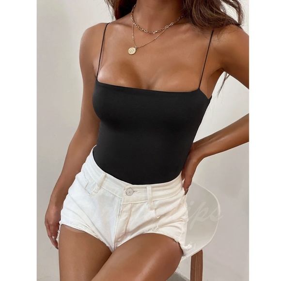 Black Slim Bodysuit Cami Straps  Thick, Double-Layered Stretchy - Picture 2 of 11